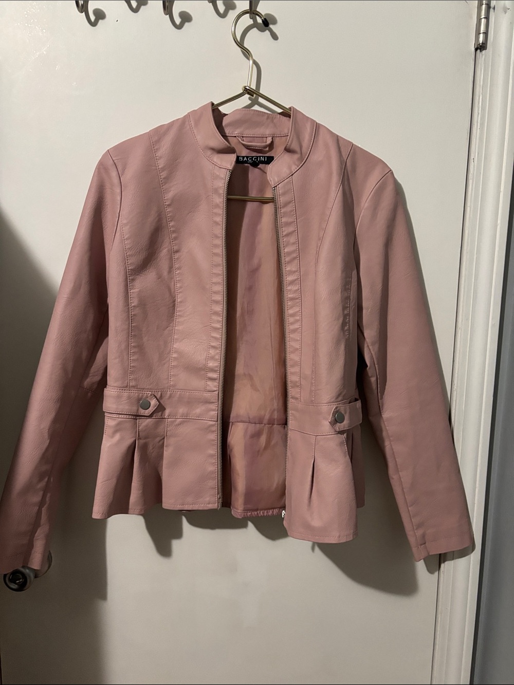 Baccini Blush Pink Faux Leather Peplum Jacket